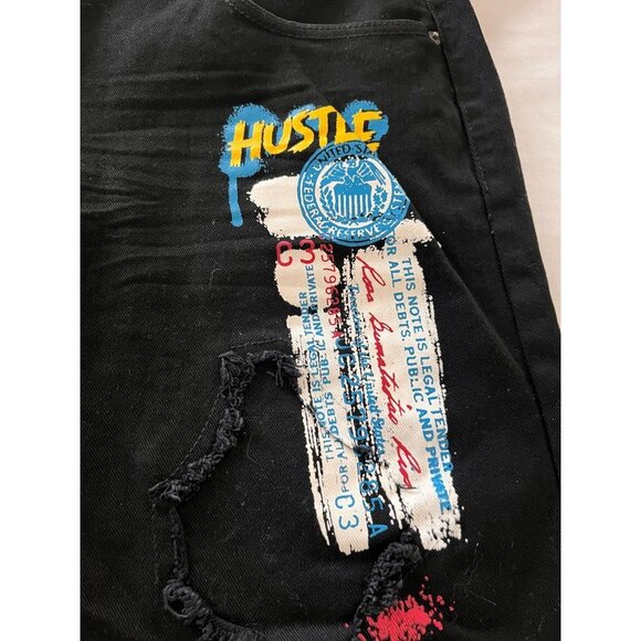 Copper Rivet Jean Shorts Mens 38 Black Hip Hop Denim Distressed Paint Patched - Picture 7 of 12